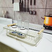 Multi-Functional Stainless Steel Kitchen Dish Drain Rack with Wood Handle