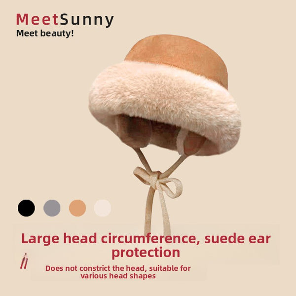 Meetsunny Suede Ear-Protecting Fisherman Hat Thickened Warm Plush Hat for Women