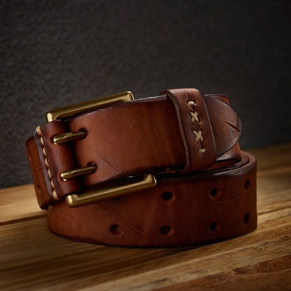 Genuine Leather Mens Belt Vintage Pin Buckle