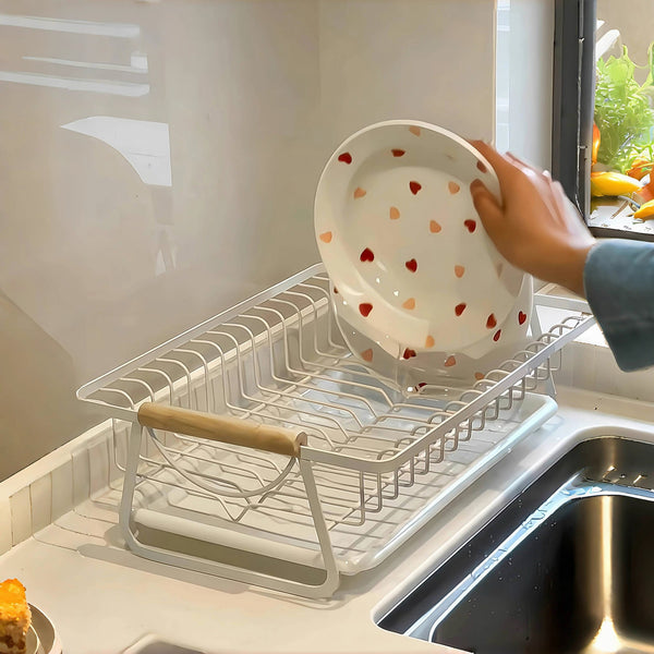 Multi-Functional Stainless Steel Kitchen Dish Drain Rack with Wood Handle