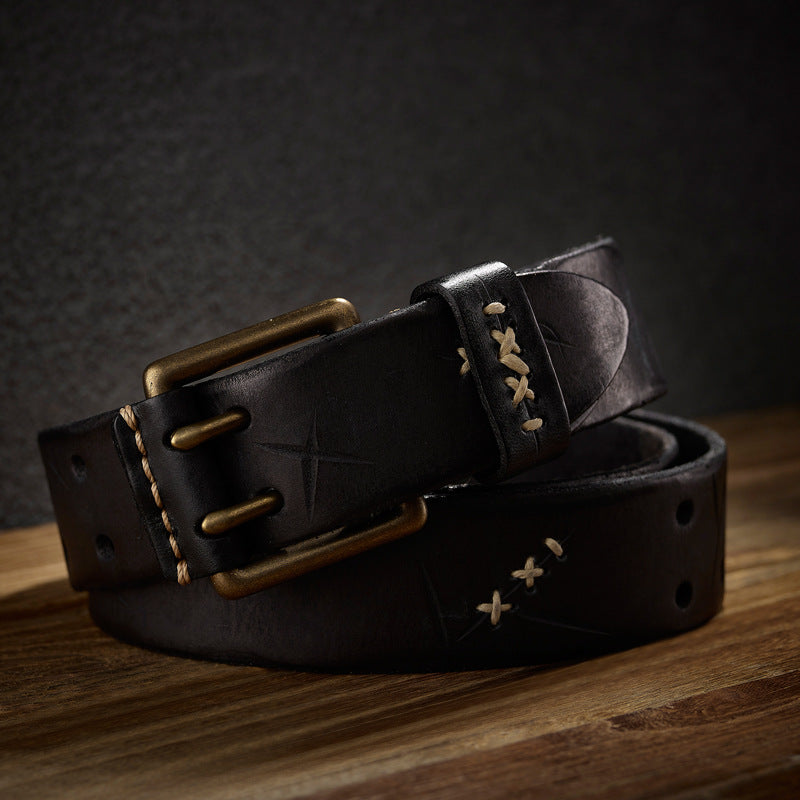 Genuine Leather Mens Belt Vintage Pin Buckle