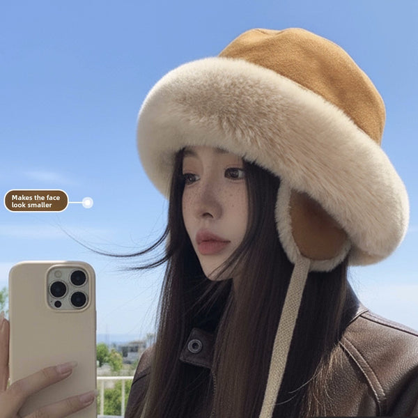 Meetsunny Suede Ear-Protecting Fisherman Hat Thickened Warm Plush Hat for Women