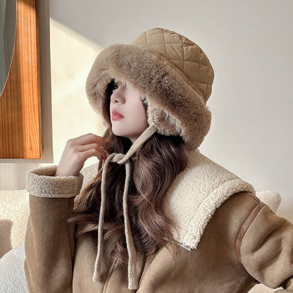 Meetsunny Suede Ear-Protecting Fisherman Hat Thickened Warm Plush Hat for Women