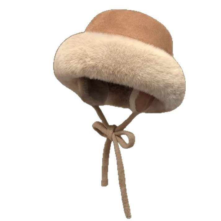 Meetsunny Suede Ear-Protecting Fisherman Hat Thickened Warm Plush Hat for Women